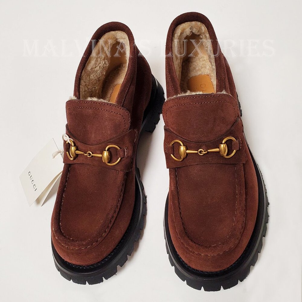 GUCCI BOOTS MENS SHEARLING LINED SUEDE HORSEBIT LOAFER SHOES BEE - Picture 5 of 16